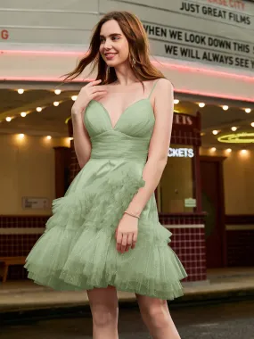 A-line Tüll gestuftes Glitzer Kurzes Kleid Staubiges Salbei
