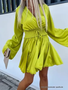 Elastische Taille Damen Mini Rüschen Kleid Langarm Kleid Sommer in Grün